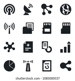 Set of vector isolated black icon - antenna vector, growth statistic, document reload, diagnosis, folder, satellite, network, share, sd, pie graph, wireless, social media