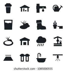 Set of vector isolated black icon - watering can vector, boot, rain, well, pond, drip irrigation, sea port, warehouse, bathroom, drink, water filter, warm floor, sprinkler