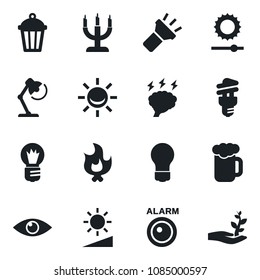 Set of vector isolated black icon - brainstorm vector, bulb, fire, garden light, eye, torch, brightness, desk lamp, beer, candle, energy saving, alarm led, palm sproute