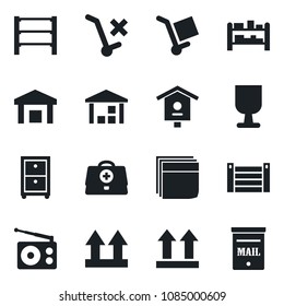 Set of vector isolated black icon - bird house vector, doctor case, container, fragile, cargo, up side sign, no trolley, warehouse, rack, radio, blank box, archive, mailbox