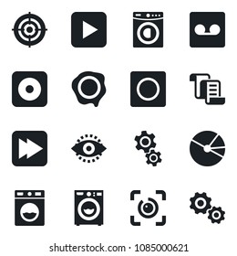 Set of vector isolated black icon - contract vector, stamp, play button, fast forward, rec, record, eye id, pie graph, target, washer, gear