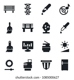 Set of vector isolated black icon - pennant vector, statistic monitor, bench, dropper, traffic light, themes, brightness, music, copier, fruit tree, fridge