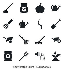 Set of vector isolated black icon - garden fork vector, shovel, farm, rake, watering can, wheelbarrow, hoe, sickle, pumpkin, fertilizer, irrigation