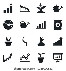 Set of vector isolated black icon - growth statistic vector, seedling, watering can, sproute, sickle, fertilizer, bar graph, pie, point, irrigation, crisis, presentation