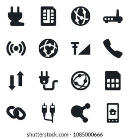 Set of vector isolated black icon - network vector, share, chain, rca, call, sim, data exchange, cellular signal, power plug, wireless, router, home control app