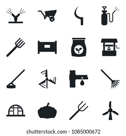 Set of vector isolated black icon - fence vector, farm fork, rake, wheelbarrow, well, hoe, sickle, pumpkin, greenhouse, garden sprayer, fertilizer, drip irrigation, windmill