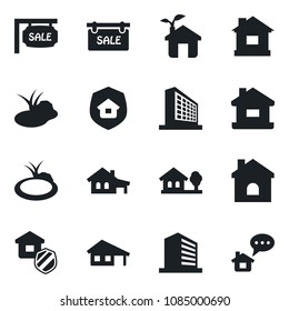 Set of vector isolated black icon - office building vector, house, pond, with garage, tree, sale, estate insurance, eco, home message