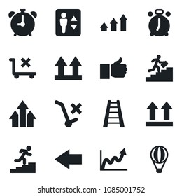 Set of vector isolated black icon - elevator vector, alarm clock, left arrow, ladder, up side sign, no trolley, finger, career, graph, growth, air balloon