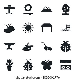 Set of vector isolated black icon - sun vector, flower in pot, lawn mower, butterfly, lady bug, pond, brightness, pool, fruit tree, mountains, table, restaurant, alcove