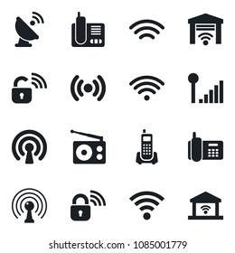 Set of vector isolated black icon - office phone vector, satellite antenna, radio, wireless, cellular signal, lock, garage gate control