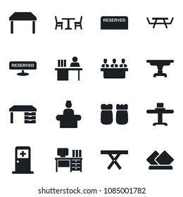 Set of vector isolated black icon - cafe vector, reception, medical room, desk, picnic table, manager, meeting, restaurant, reserved, salt and pepper, serviette