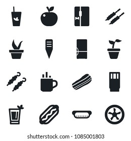 Set of vector isolated black icon - hot cup vector, seedling, plant label, fridge, drink, phyto bar, bacon, kebab, dog, apple fruit, fan