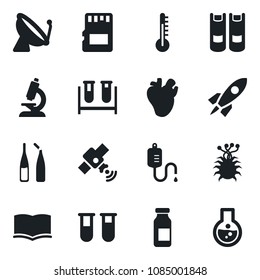 Set of vector isolated black icon - satellite antenna vector, book, blood test vial, dropper, microscope, ampoule, real heart, virus, sd, thermometer, rocket, flask