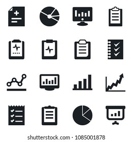 Set of vector isolated black icon - statistic monitor vector, diagnosis, pulse clipboard, statistics, bar graph, pie, checklist, point, growth, presentation