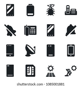Set of vector isolated black icon - mobile phone vector, virus, satellite antenna, cell, low battery, back, sim, mute, office, sun panel