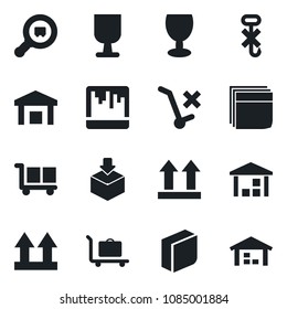 Set of vector isolated black icon - baggage trolley vector, fragile, cargo, up side sign, no, hook, warehouse, package, search, scanner, blank box