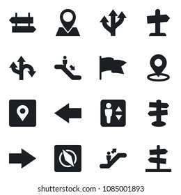 Set of vector isolated black icon - elevator vector, escalator, signpost, right arrow, left, route, pin, place tag, compass, flag, guidepost