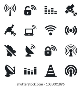 Set of vector isolated black icon - antenna vector, wireless notebook, border cone, satellite, equalizer, mute, lock