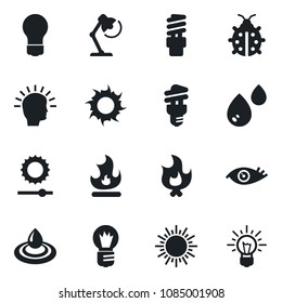 Set of vector isolated black icon - sun vector, bulb, lady bug, fire, eye, brightness, desk lamp, water, energy saving, shining head, idea