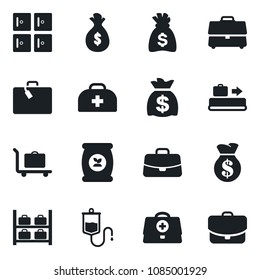 Set of vector isolated black icon - suitcase vector, baggage conveyor, trolley, luggage storage, checkroom, case, money bag, fertilizer, doctor, dropper