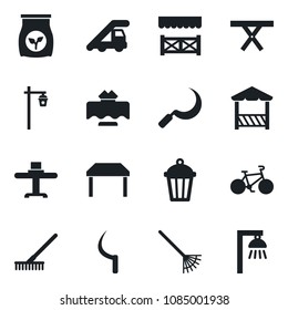 Set of vector isolated black icon - ladder car vector, rake, sickle, garden light, picnic table, fertilizer, bike, restaurant, alcove, outdoor lamp