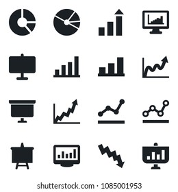 Set of vector isolated black icon - growth statistic vector, presentation board, crisis graph, circle chart, monitor statistics, bar, pie, point