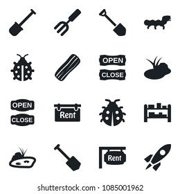 Set of vector isolated black icon - job vector, garden fork, shovel, lady bug, caterpillar, pond, rack, rent, bacon, open close, rocket
