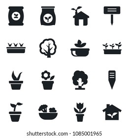 Set of vector isolated black icon - flower in pot vector, seedling, tree, plant label, fertilizer, salad, eco house