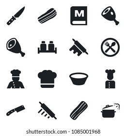 Set of vector isolated black icon - cook vector, cafe, hat, menu, bacon, salt and pepper, ham, bowl, rolling pin, knife, steaming pan