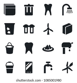 Set of vector isolated black icon - trash bin vector, bucket, tooth, mobile, blank box, water supply, bathroom, serviette, filter, windmill