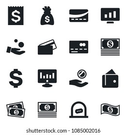 Set of vector isolated black icon - credit card vector, ticket office, dollar sign, money bag, statistic monitor, cash, receipt, wallet, investment