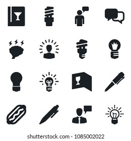 Set of vector isolated black icon - speaking man vector, pen, brainstorm, bulb, dialog, wine card, hot dog, energy saving, shining head, idea