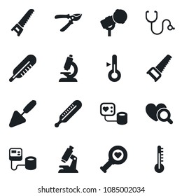 Set of vector isolated black icon - trowel vector, pruner, saw, stethoscope, blood pressure, thermometer, heart diagnostic, microscope, microphone