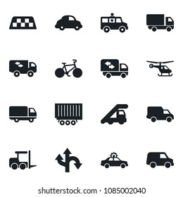 Set of vector isolated black icon - taxi vector, alarm car, fork loader, ladder, helicopter, ambulance, bike, route, truck trailer, delivery, moving