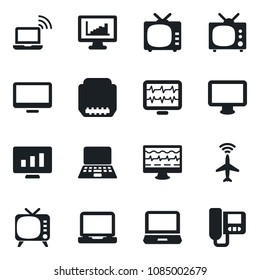 Set of vector isolated black icon - plane radar vector, wireless notebook, pc, statistic monitor, pulse, tv, laptop, hdmi, statistics, intercome