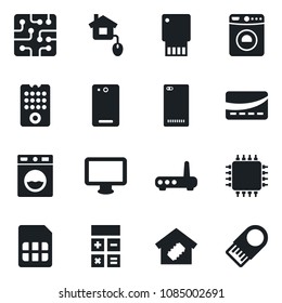 Set of vector isolated black icon - washer vector, calculator, monitor, phone back, sim, smart home, credit card, control, chip, remote, router, usb flash