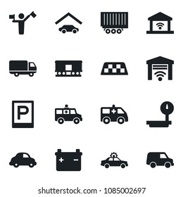 Set of vector isolated black icon - dispatcher vector, taxi, parking, alarm car, ambulance, truck trailer, delivery, heavy scales, railroad, garage, gate control, battery