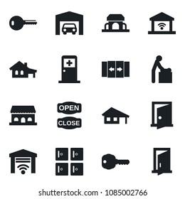 Set of vector isolated black icon - automatic door vector, baby room, medical, checkroom, house with garage, key, cafe building, open close, gate control