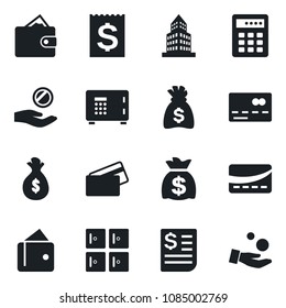 Set of vector isolated black icon - credit card vector, safe, checkroom, money bag, receipt, office building, combination lock, wallet, investment