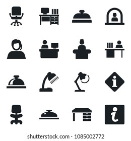 Set of vector isolated black icon - reception bell vector, office chair, desk, manager place, support, lamp, information