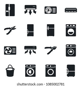 Set of vector isolated black icon - washer vector, bucket, pruner, air conditioner, fridge