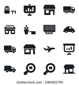 Set of vector isolated black icon - shop vector, store, plane, truck trailer, car delivery, sea port, search cargo, presentation, storefront