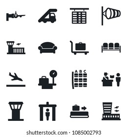 Set of vector isolated black icon - airport tower vector, arrival, baggage conveyor, trolley, passport control, security gate, waiting area, ladder car, wind, boarding, seat map, flight table