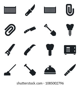 Set of vector isolated black icon - safe vector, job, saw, hoe, garden knife, implant, cargo container, paper clip, dish