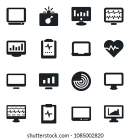 Set of vector isolated black icon - bomb in case vector, radar, notebook pc, statistic monitor, heart pulse, clipboard, tv, statistics