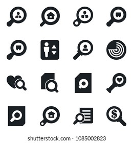 Set of vector isolated black icon - elevator vector, radar, document search, heart diagnostic, cargo, estate, client, consumer, money