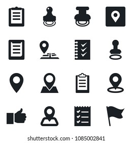 Set of vector isolated black icon - stamp vector, navigation, pin, clipboard, finger up, place tag, checklist, flag