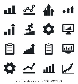Set of vector isolated black icon - growth statistic vector, settings, clipboard, monitor statistics, bar graph, point, career ladder, arrow up