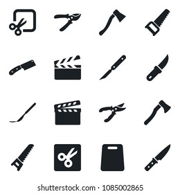Set of vector isolated black icon - pruner vector, saw, garden knife, axe, scalpel, clapboard, cut, cutting board