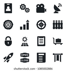 Set of vector isolated black icon - baggage trolley vector, lock, growth statistic, document, stamp, clipboard, satellite antenna, video, identity card, target, open close, radiator, sun panel, gear